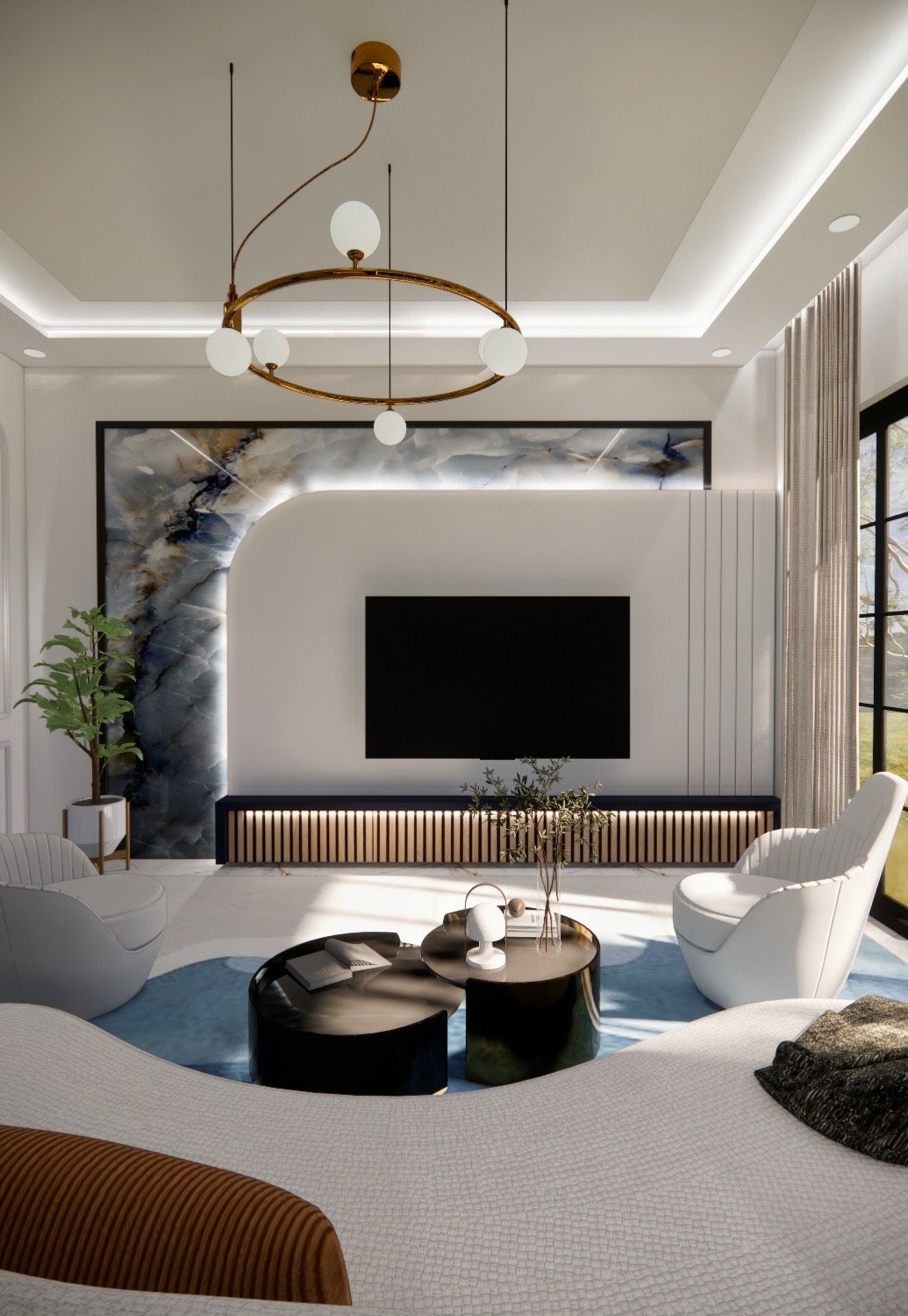 Living room with curved onyx TV wall, slatted console and gold ring chandelier