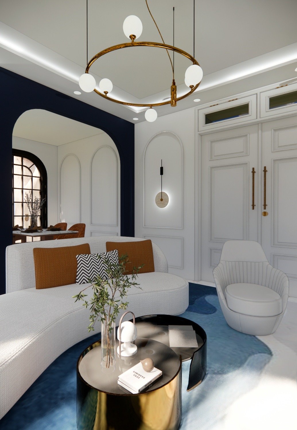 Curved white sofa with panelled doors and arch through to the dining nook