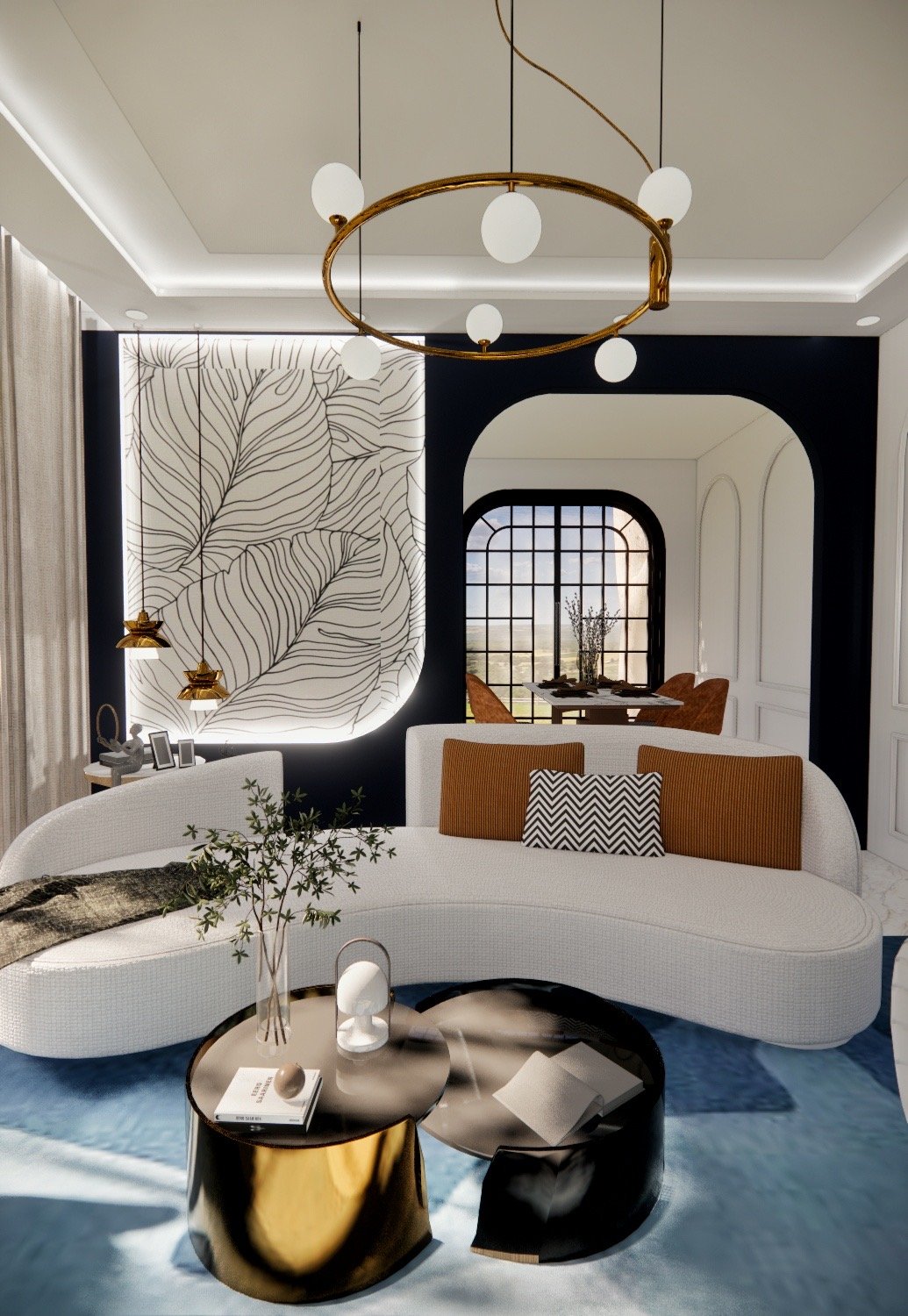 Backlit feather-line art panel behind the curved sofa