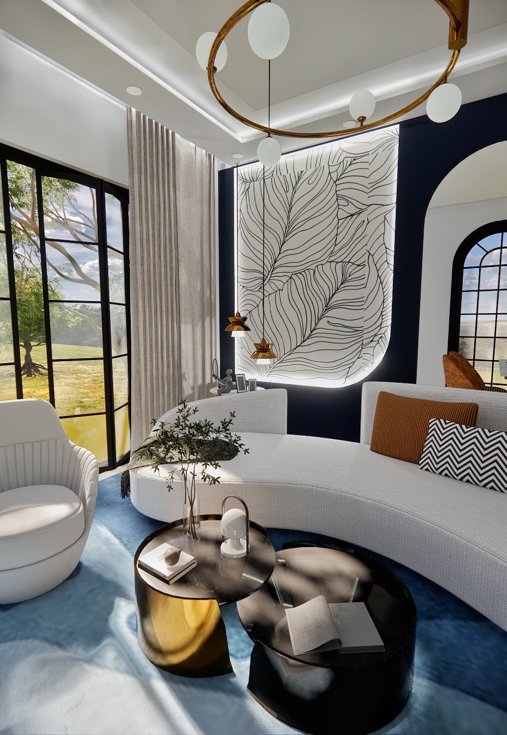 Living room with full-height garden windows and accent chair