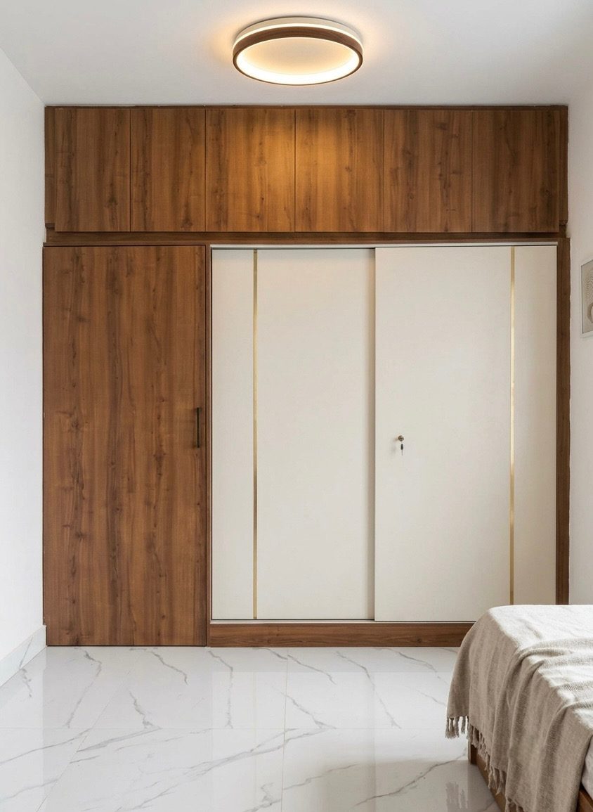 Walnut and ivory sliding-door wardrobe with brass inlay strips and loft storage, Hassan 2 BHK bedroom interior