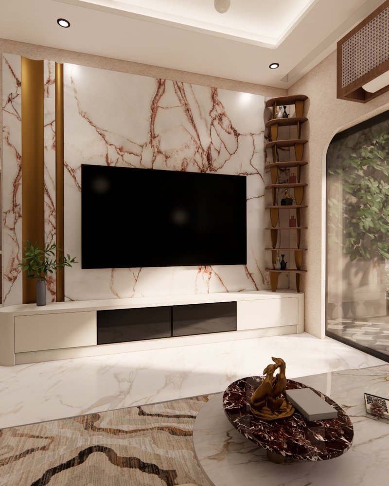 Marble TV wall living room with arched garden window