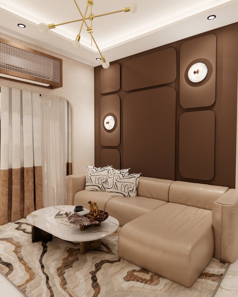 Living room with brown panelled feature wall and tan sectional