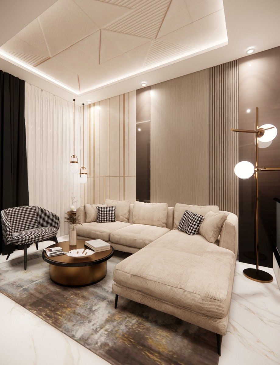Lounge library with cream sectional and gold-lined panelling