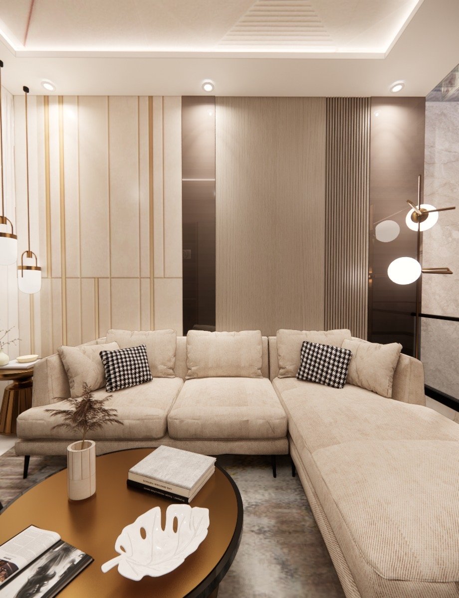 Cream sectional against gold-lined beige panelling