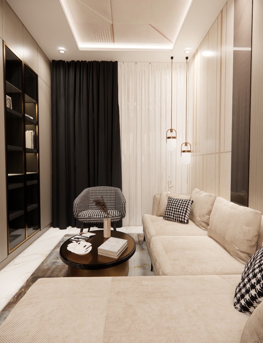 Black glass library shelving with sheer and black drapes