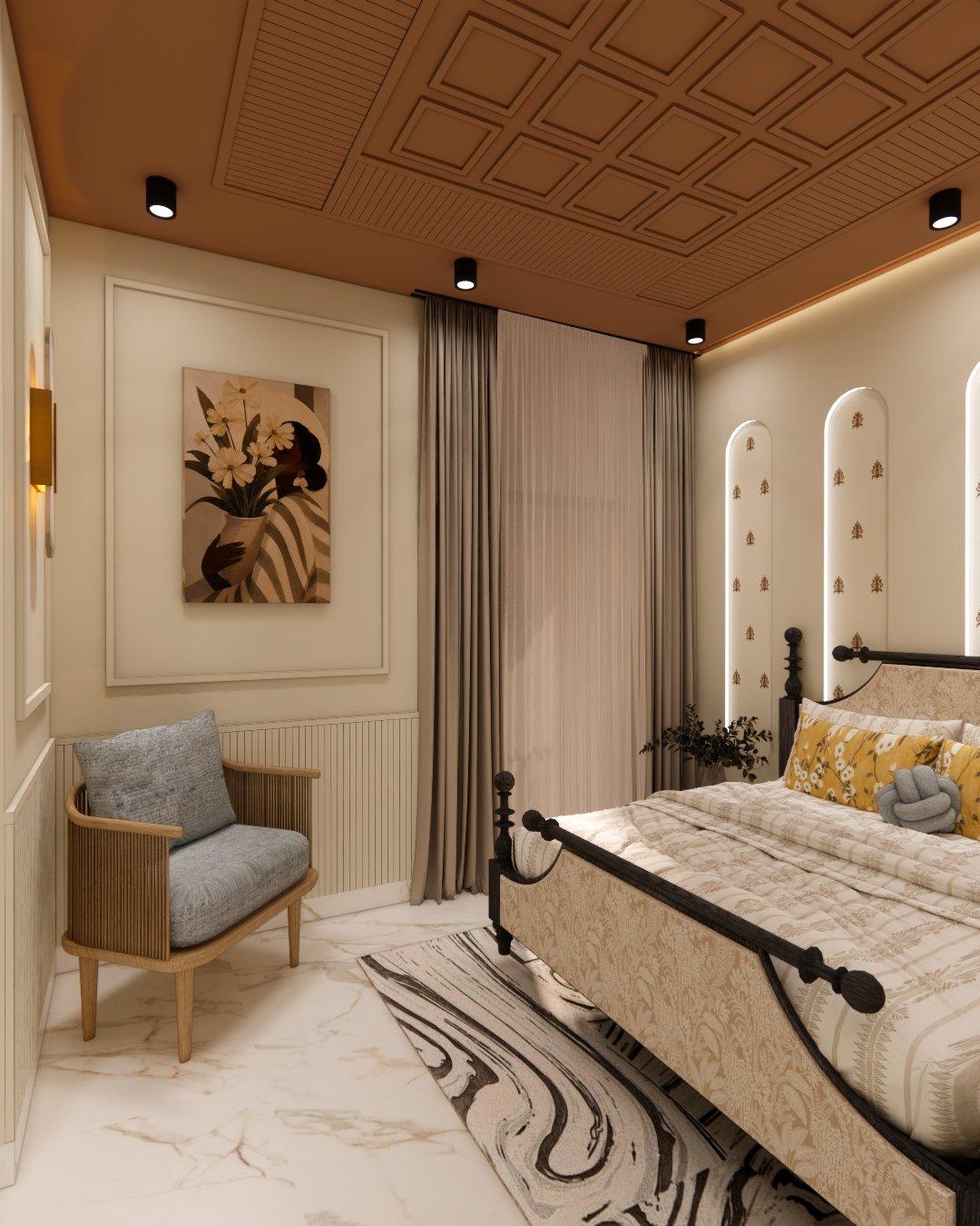 Bedroom with terracotta panelled ceiling, cane armchair and dark iron bed frame