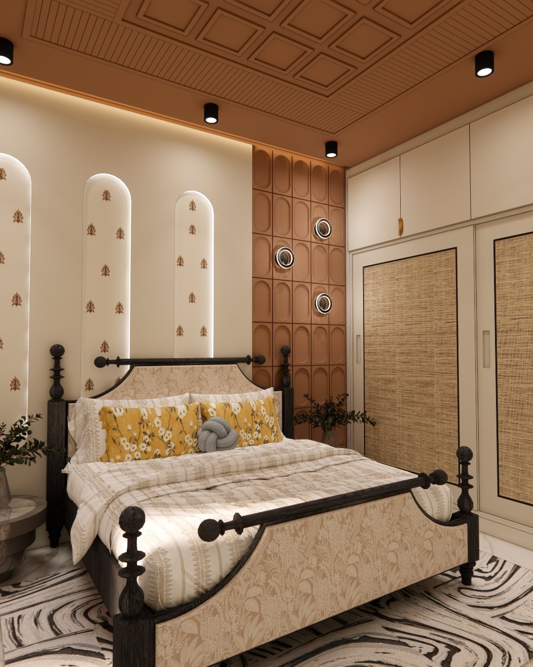 Bedroom bed with iron frame against a fluted terracotta accent wall