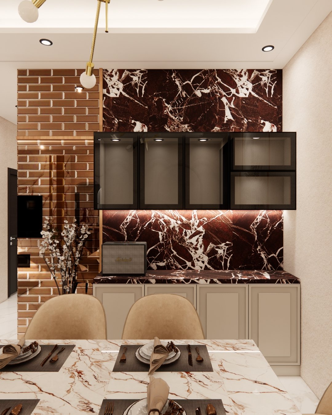 Dining area with glass-front display cabinet and red marble backsplash