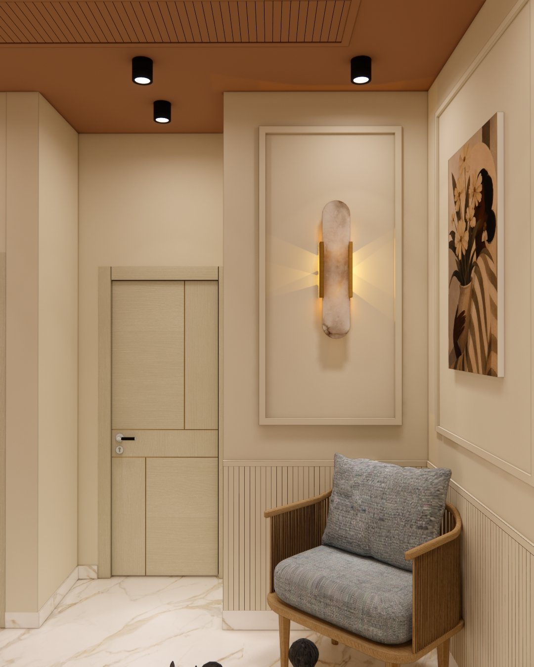 Foyer with wall sconce, framed floral art and cane armchair