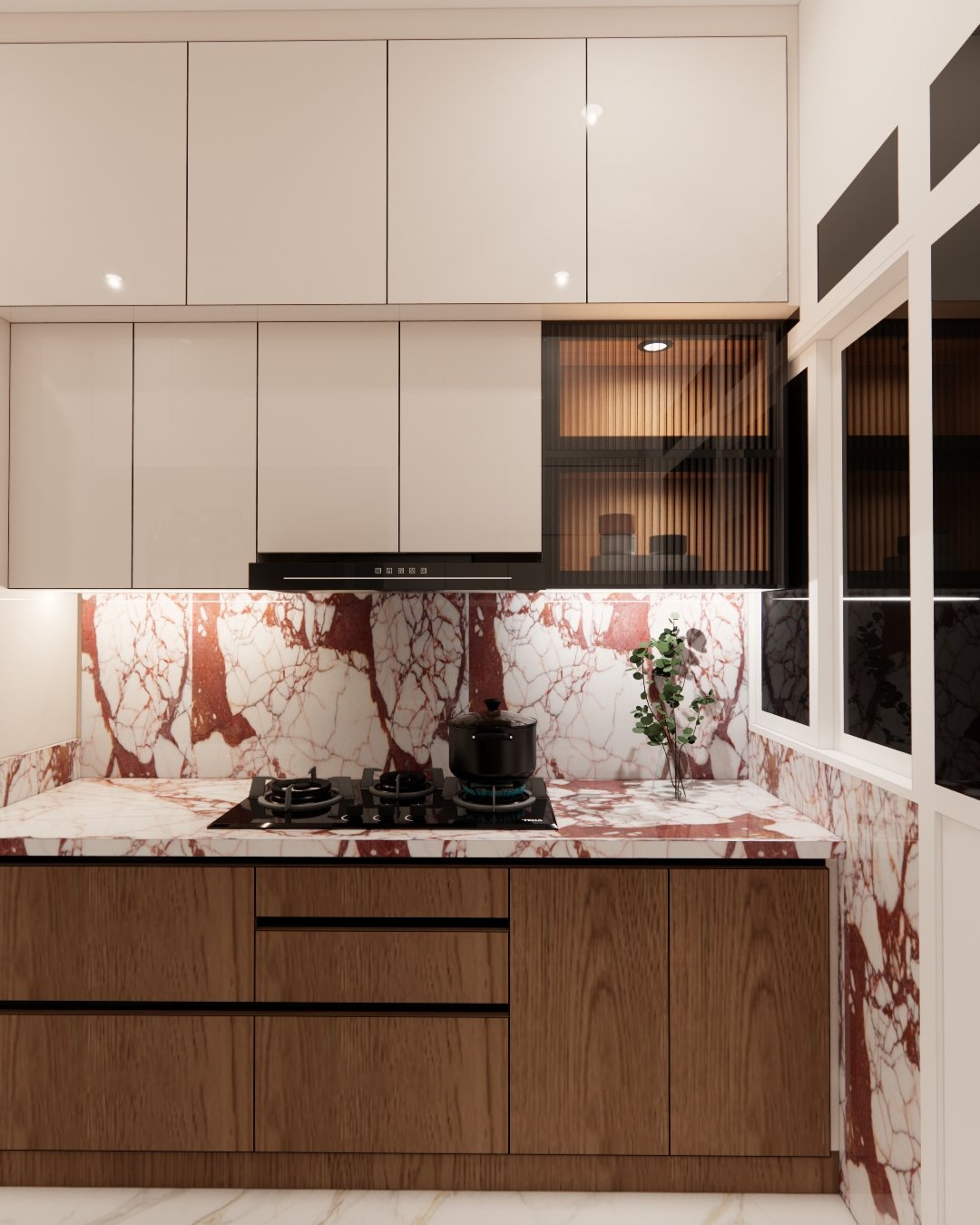 White modular kitchen with red marble backsplash and black gas hob