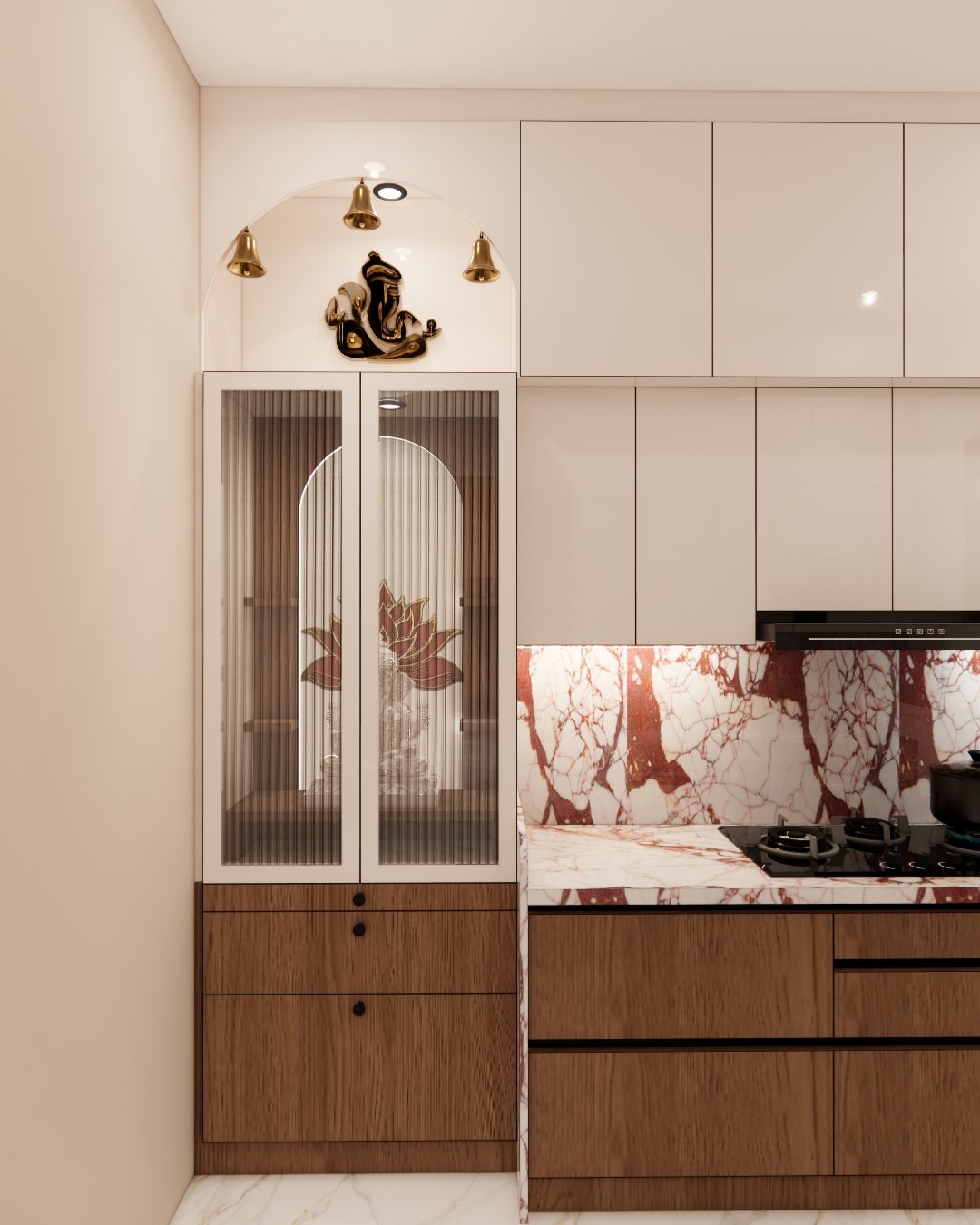 Arched pooja unit with rattan doors integrated into the kitchen cabinetry