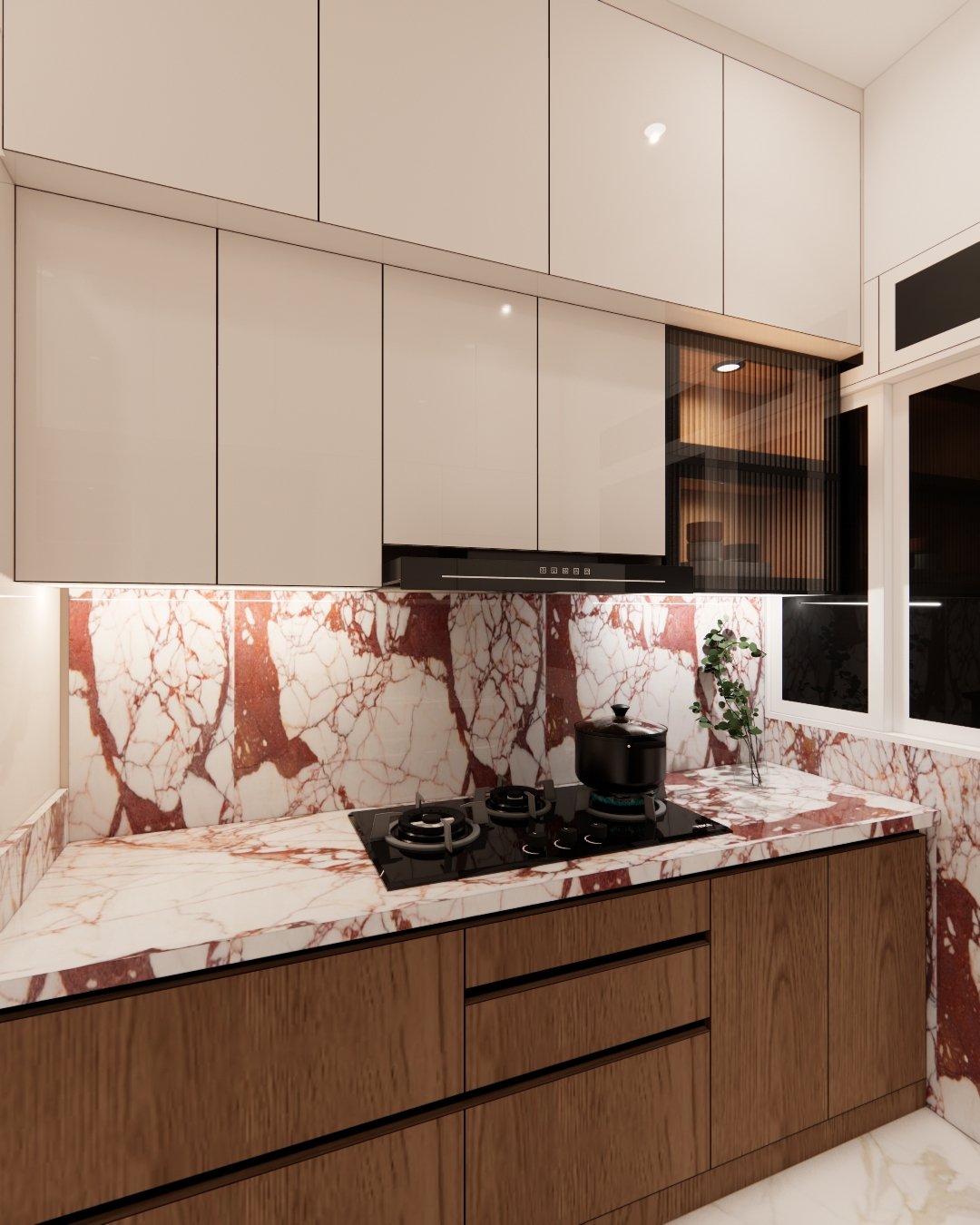Kitchen hob and marble counter with wood-finish cabinets below