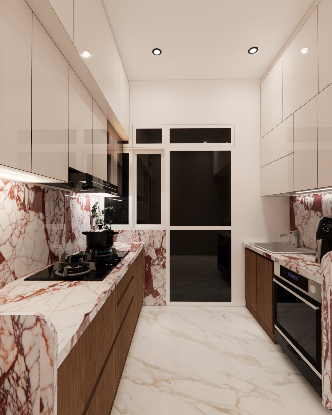 Parallel kitchen layout with red marble backsplash, sink and built-in oven