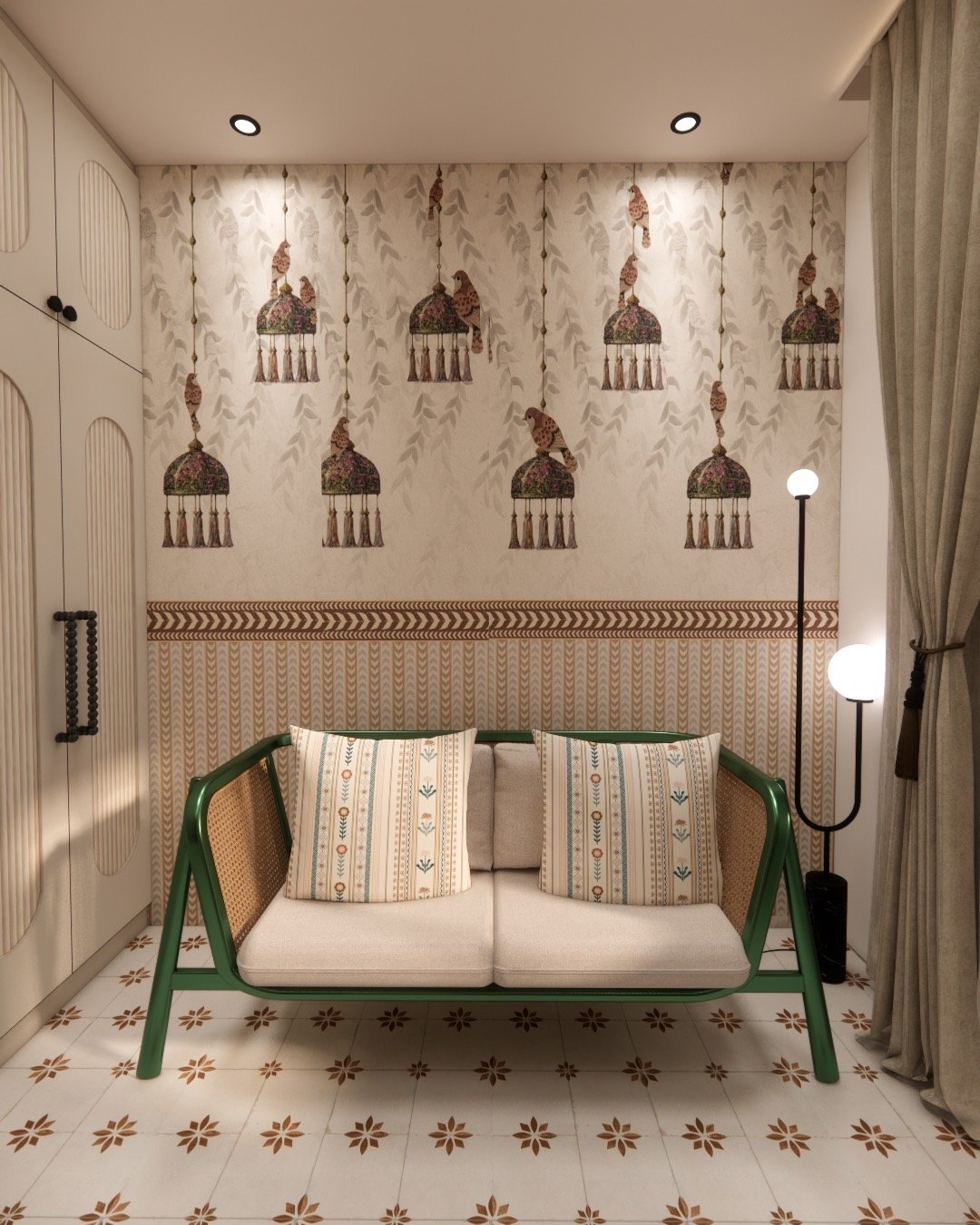 Green cane sofa against bird-and-cage patterned wallpaper