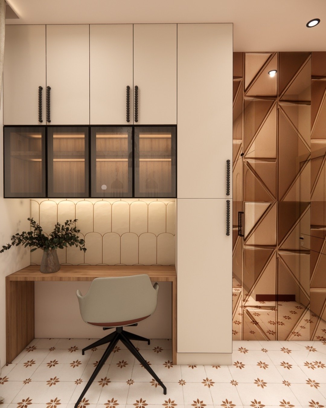 Study desk with overhead cabinets and a scalloped gold backsplash
