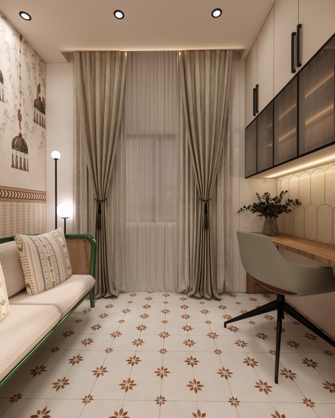 Study room with sofa nook, desk and tall curtains