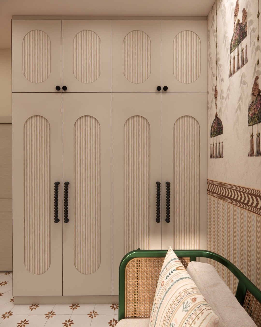 Fluted cream wardrobe doors with black bobbin handles