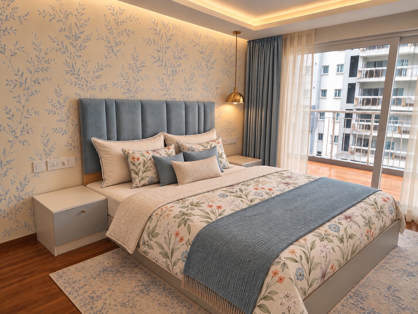 2 BHK master bedroom interior in Sarjapur Road, Bangalore with powder-blue upholstered headboard, botanical wallpaper and brass pendant light