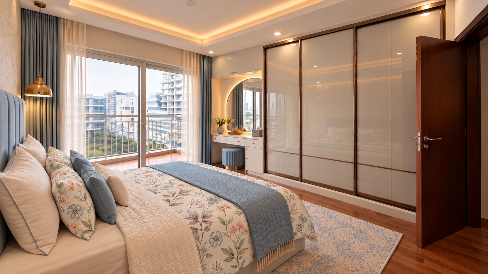 Master bedroom with lacquered-glass sliding wardrobe and arched backlit dressing mirror, 2 BHK on Sarjapur Road, Bangalore