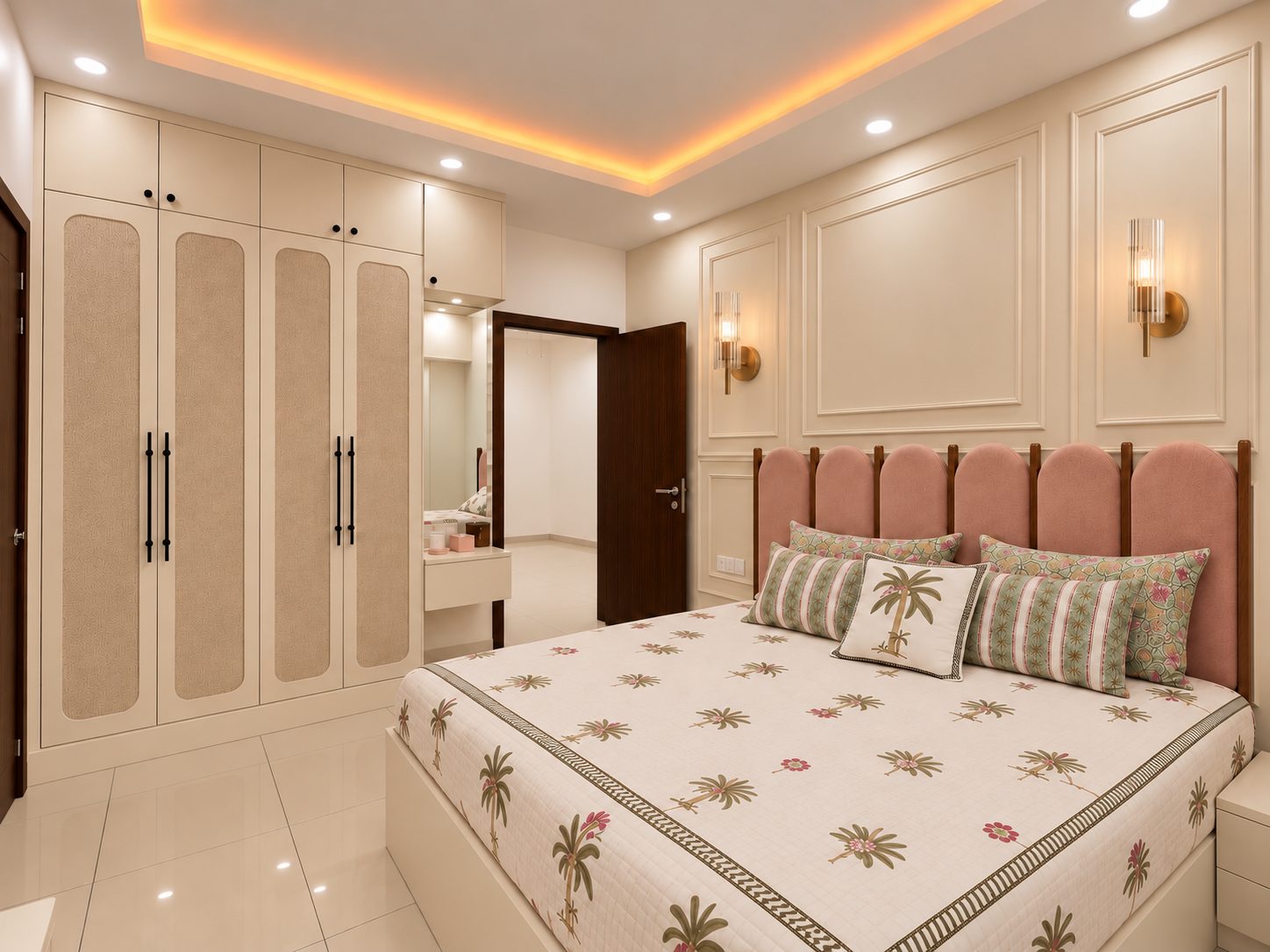 Second bedroom in a Sarjapur Road 2 BHK with scalloped pink headboard, moulded wall panels and fluted glass wall sconces