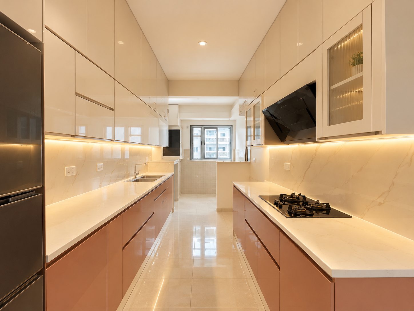 Parallel modular kitchen design in a Sarjapur Road 2 BHK, Bangalore — blush-pink base units, white gloss overheads and marble backsplash