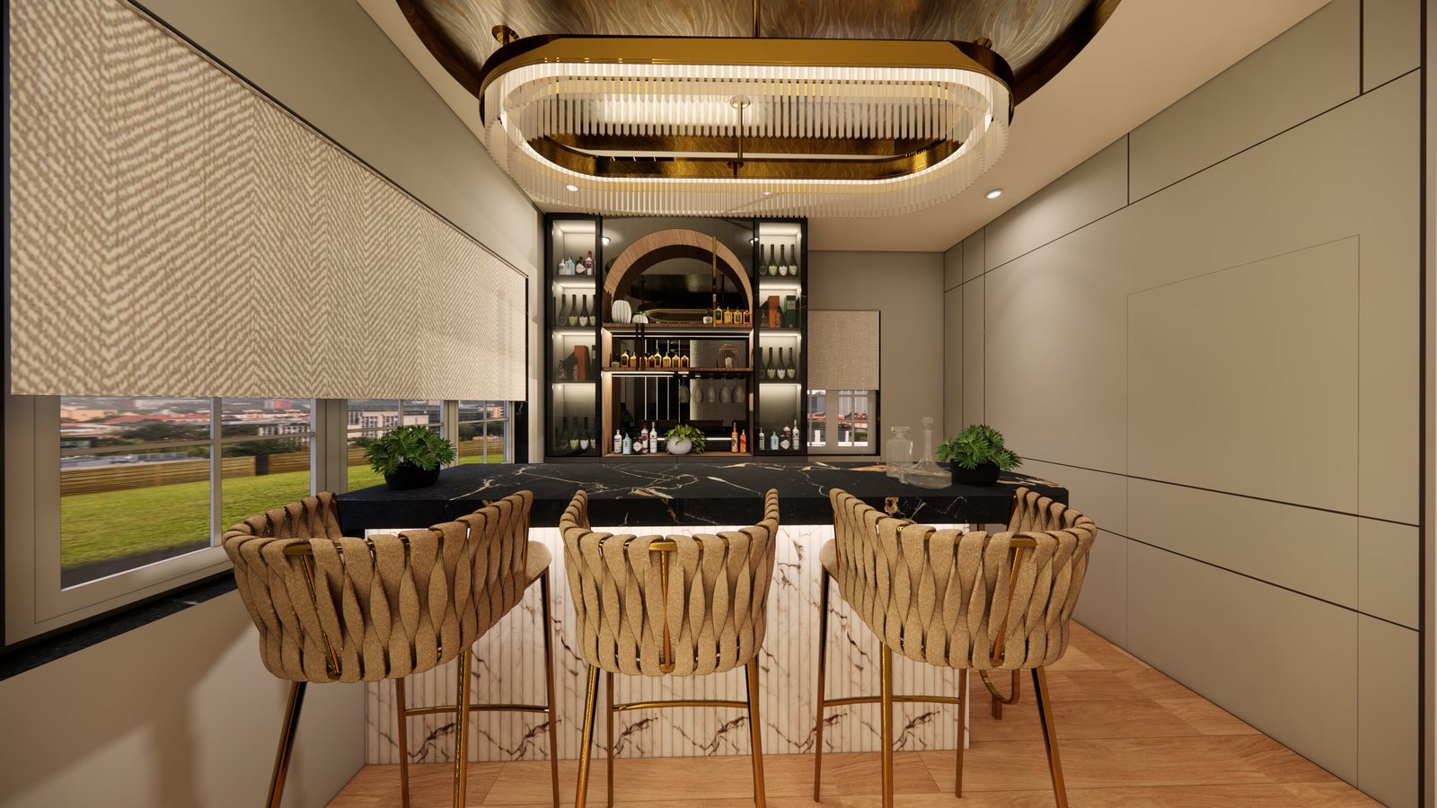 Home bar with marble counter, woven stools and illuminated display