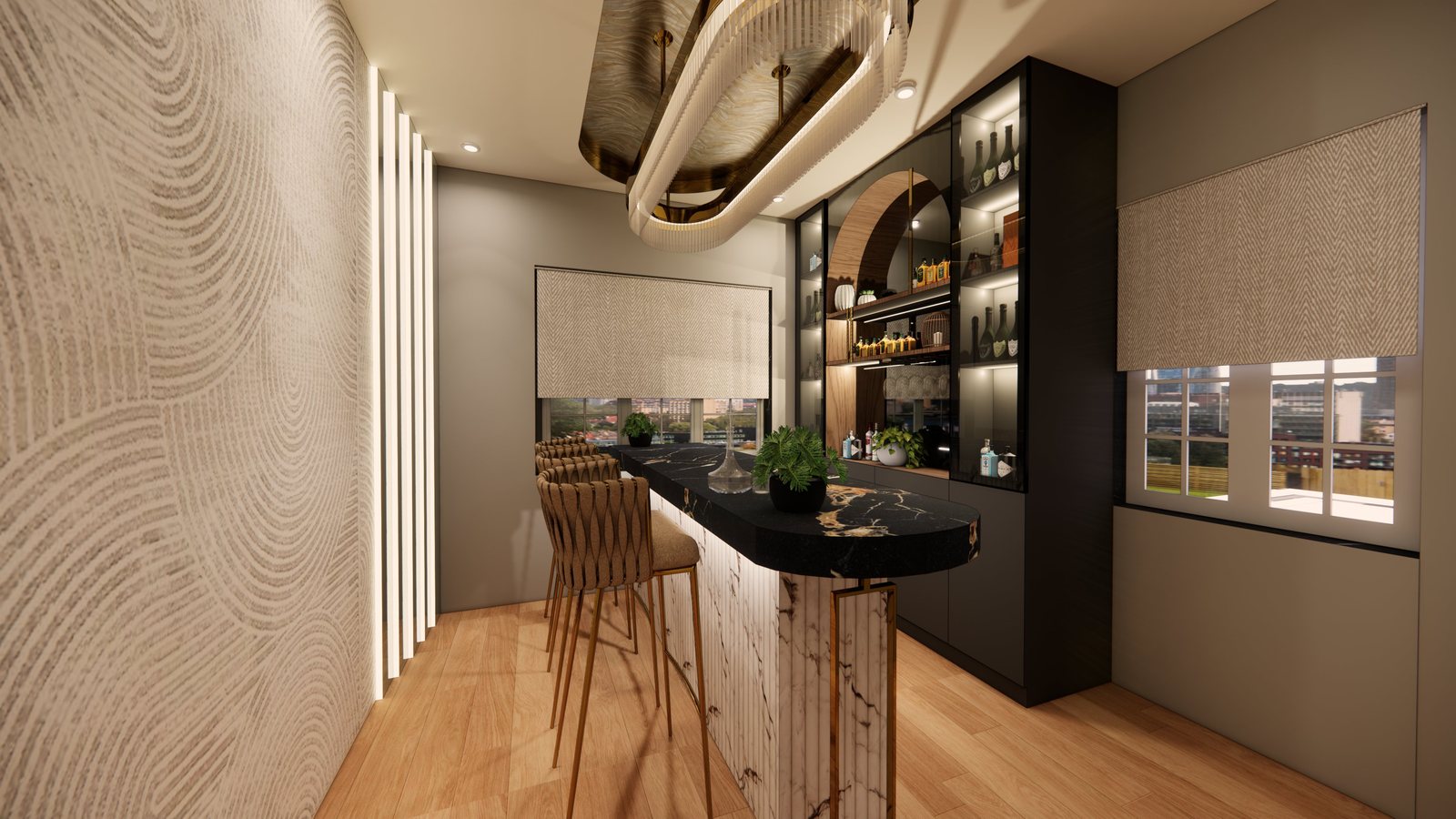 Bar with black marble top and gold accents