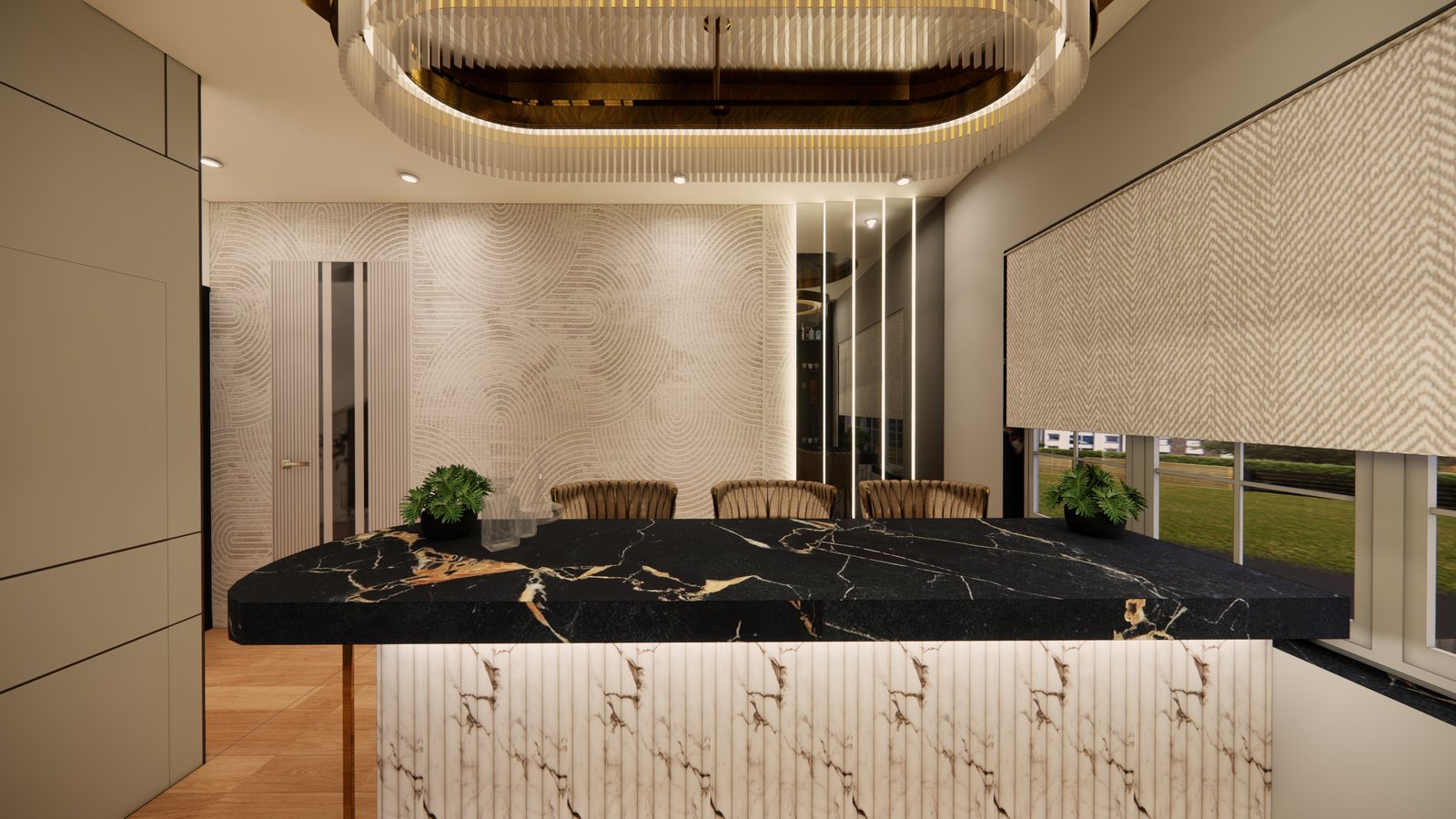Black marble bar counter against textured wall