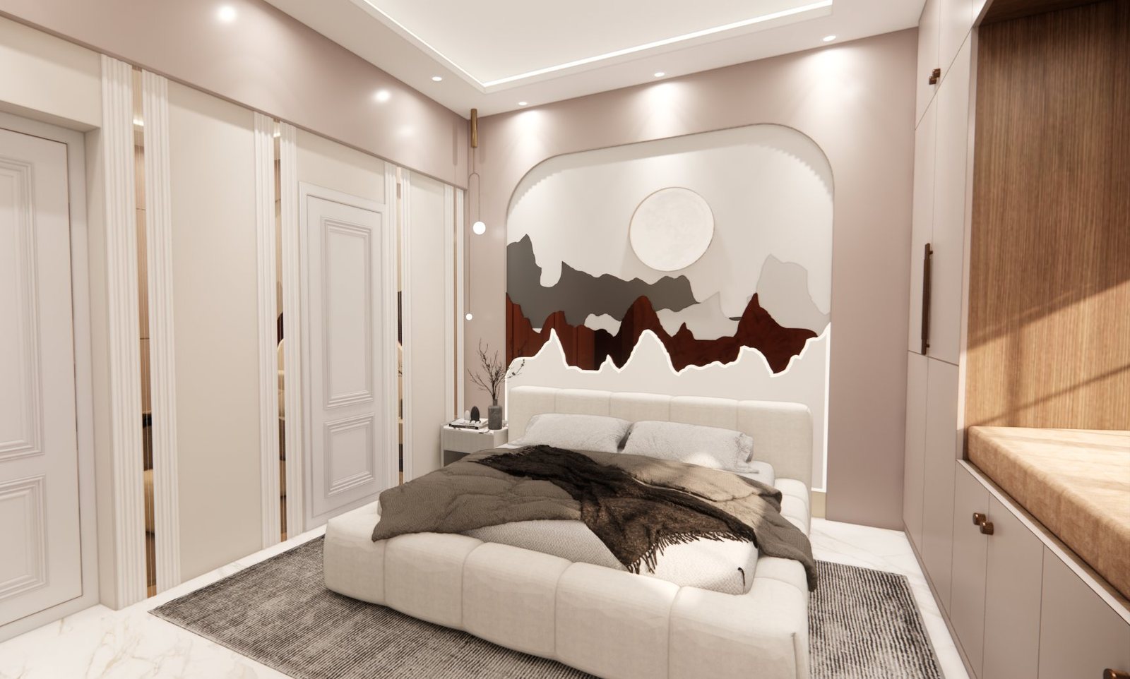 Bedroom with carved mountain-and-moon headboard mural