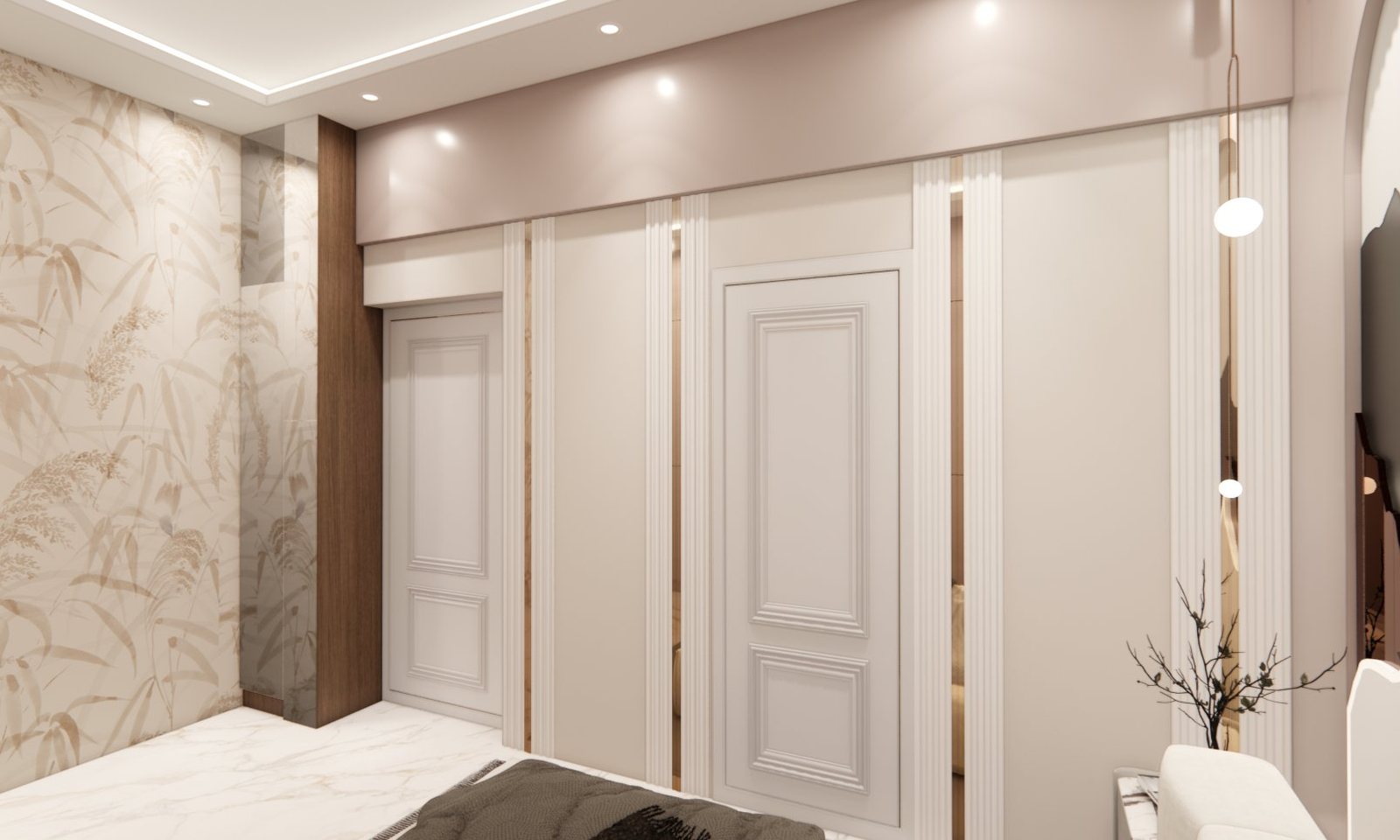 Classic panelled wardrobes with bamboo-print wallpaper