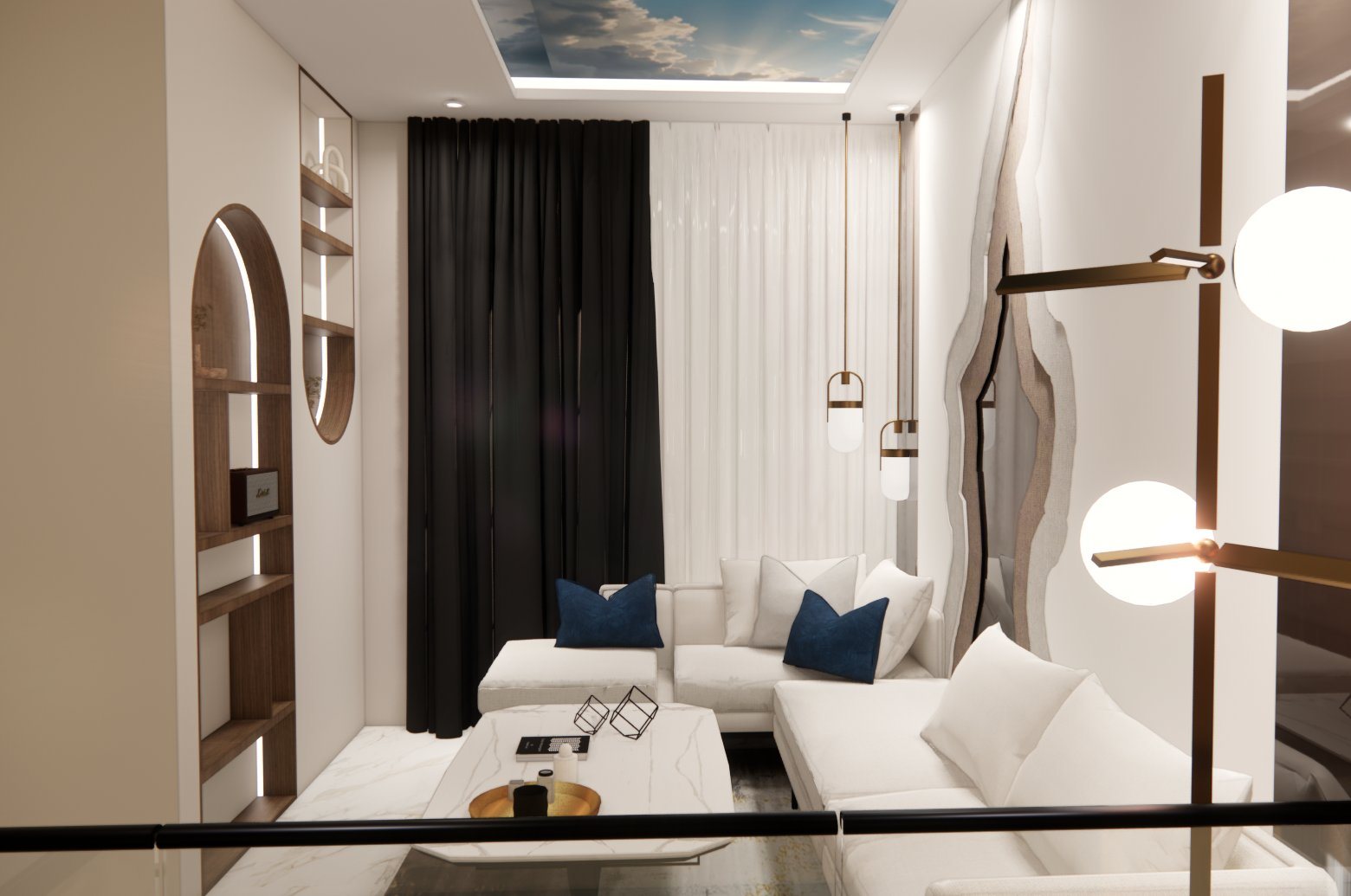 Panelled wardrobe wall in the mountain-view bedroom