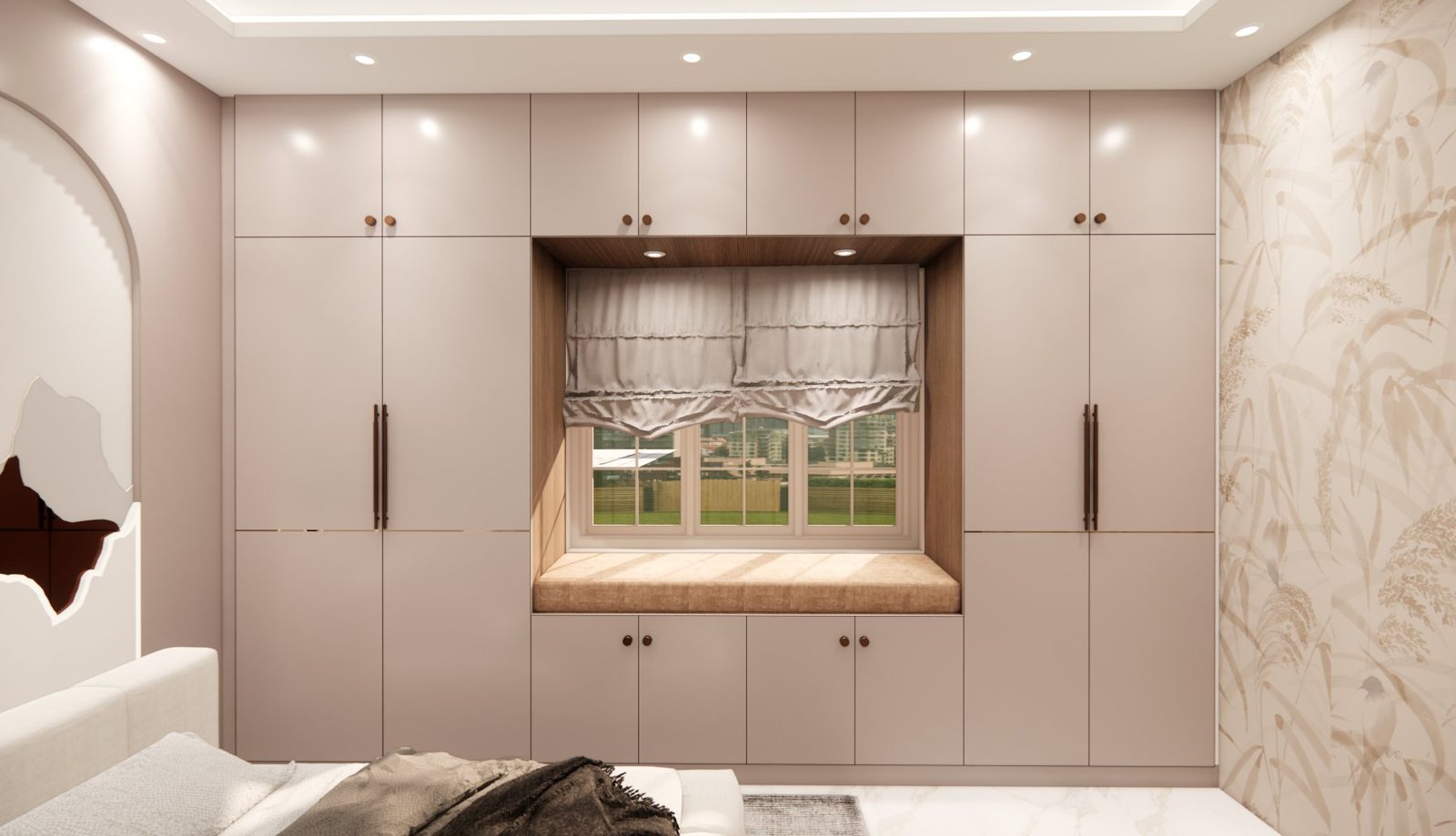 Window-seat wardrobe wall with bamboo-print wallpaper