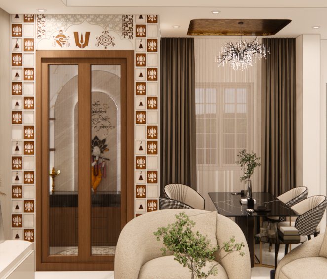 Dining area with carved wooden pooja unit and lotus-tile border