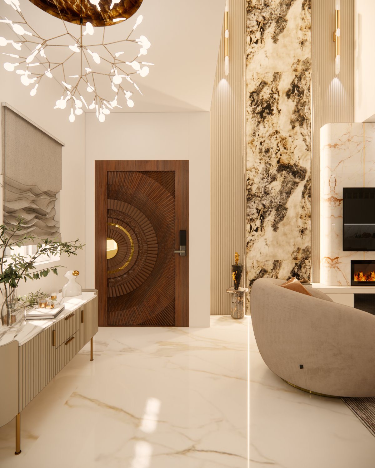 Double-height foyer with sculpted wood door, marble floor and branch chandelier