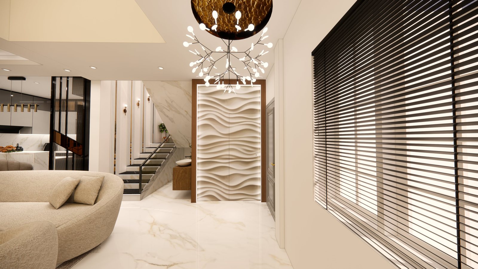Foyer with wave-textured door, floating staircase and chandelier
