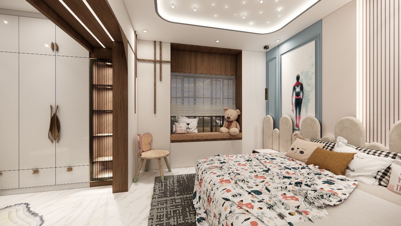 Kids bedroom with teddy, window seat and wardrobe