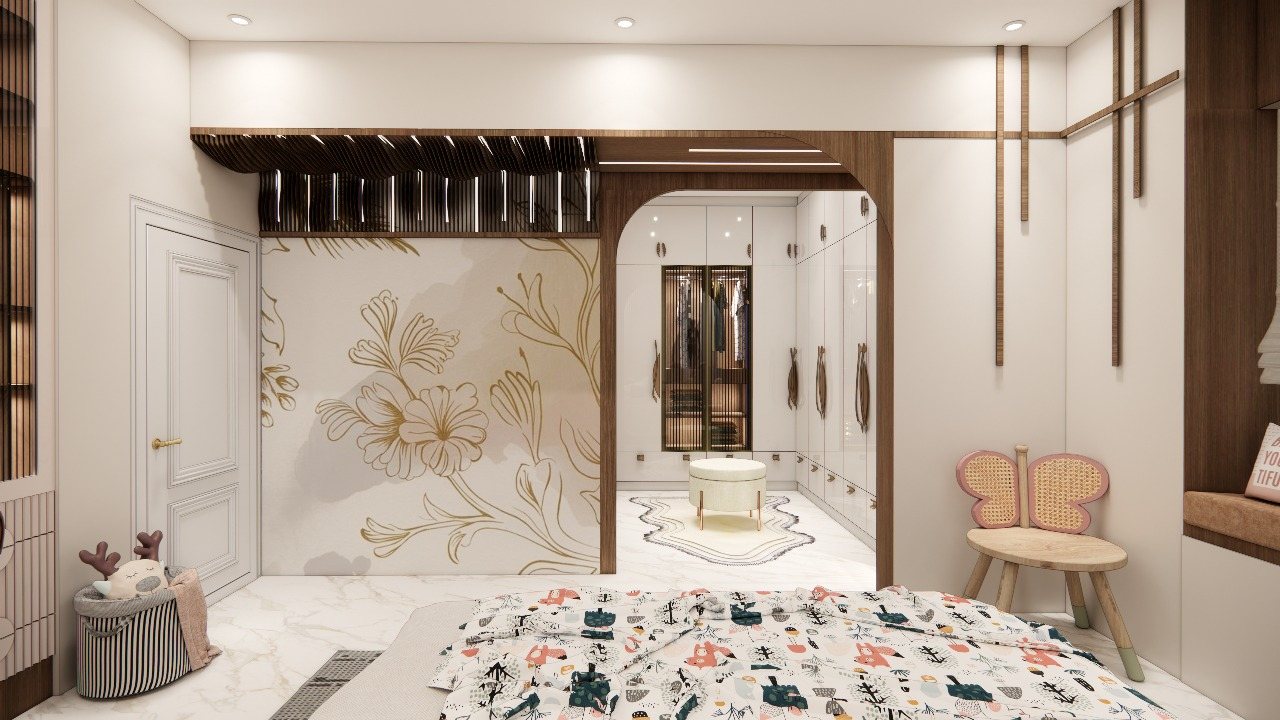 Kids bedroom with floral wall and walk-in wardrobe