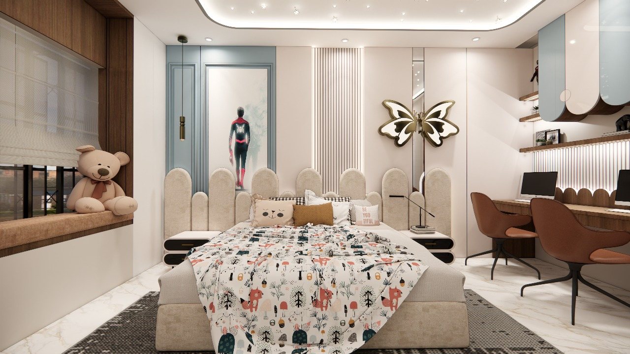 Kids bedroom study zone with butterfly light