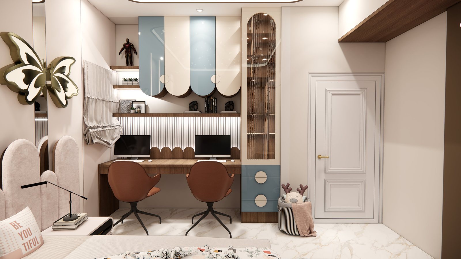 Kids study desk with dual screens and display unit