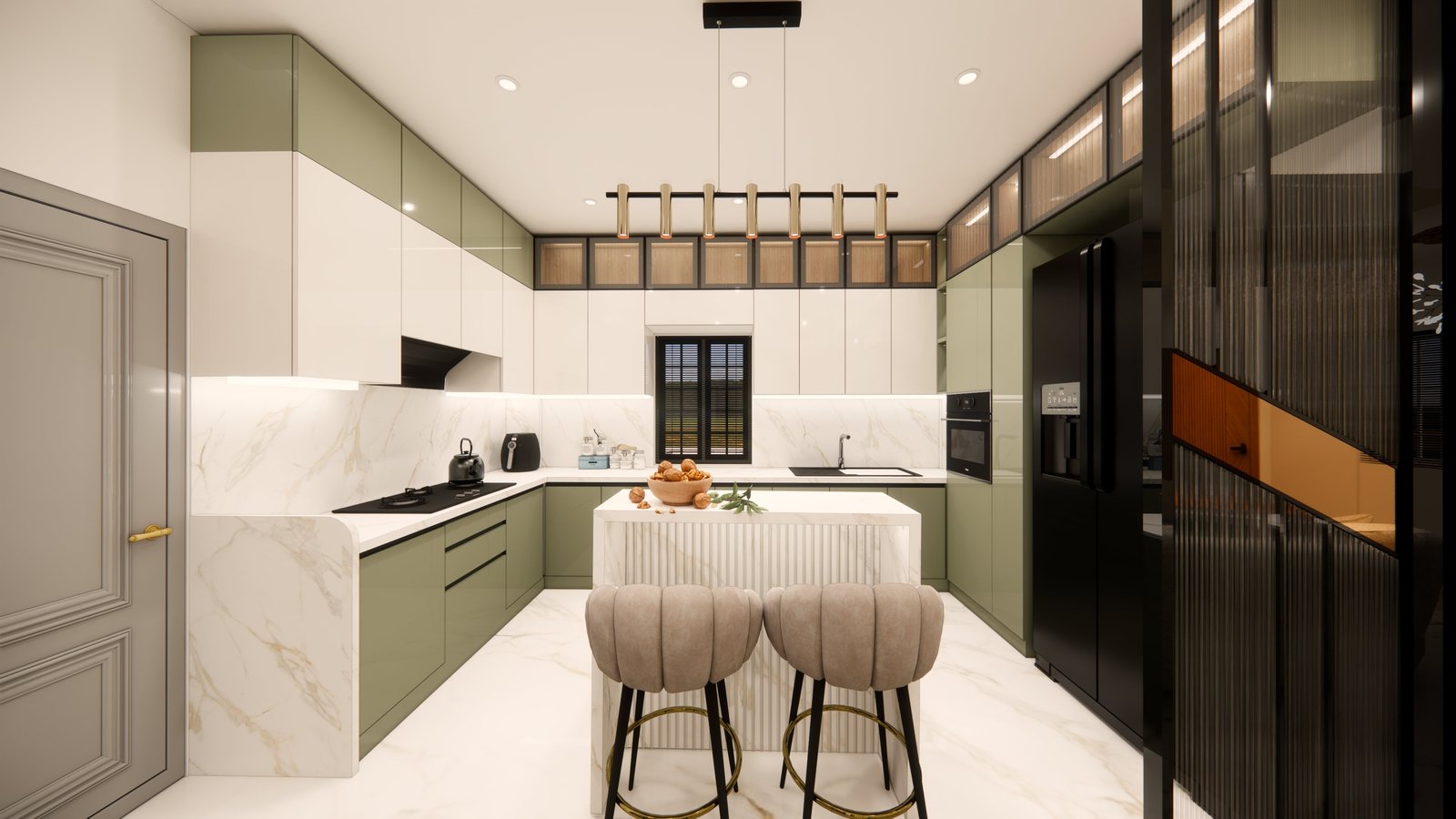 Sage-green and white kitchen with marble island and bar stools