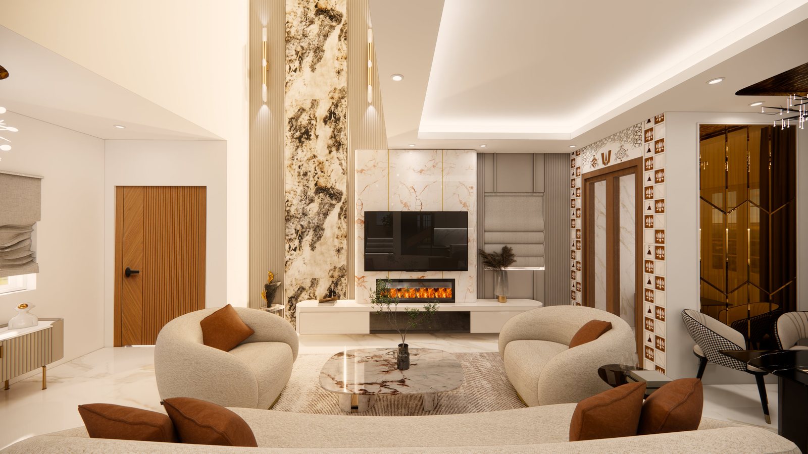 Living room with fireplace, marble feature wall and curved sofas