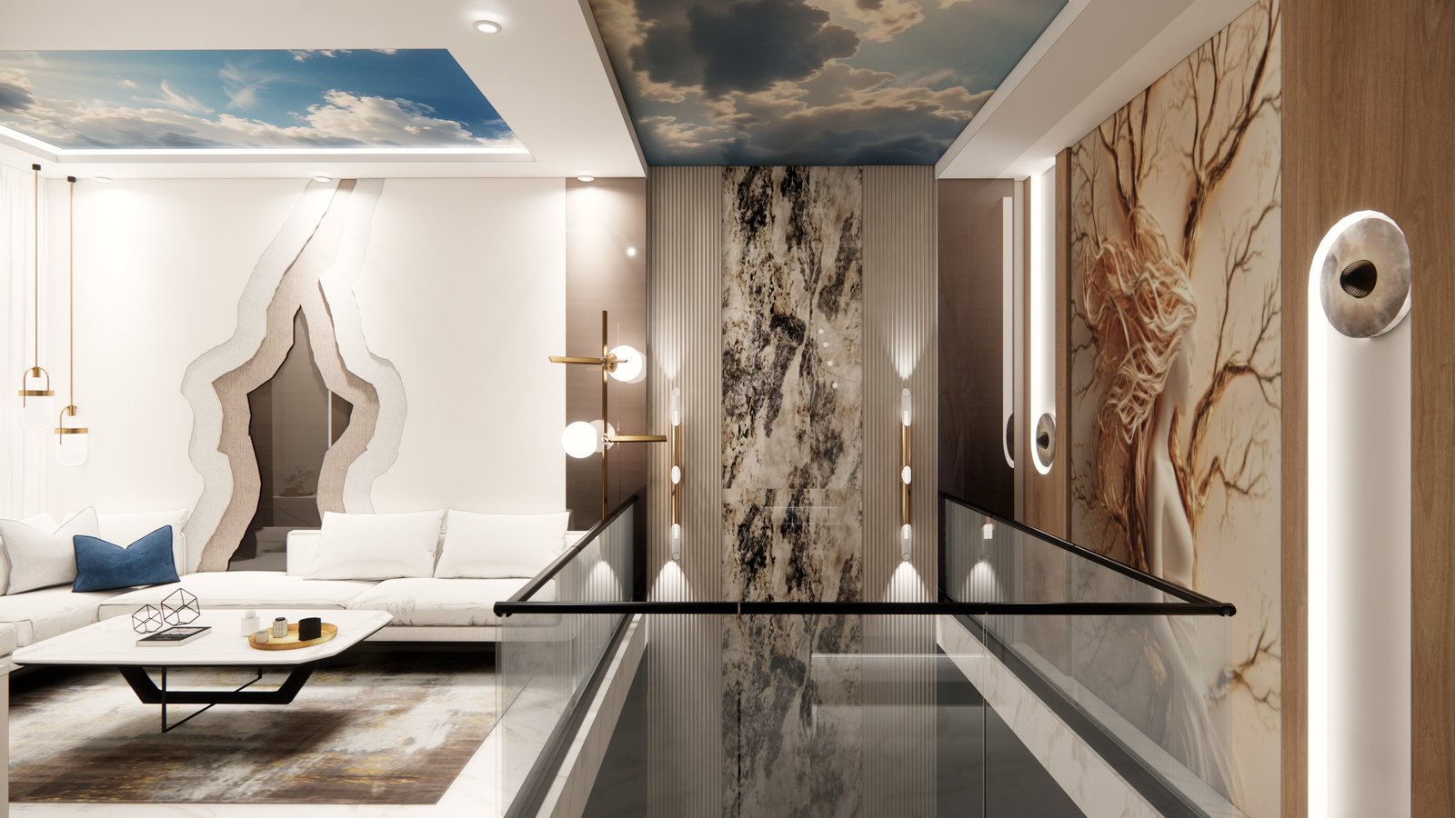 Upper lounge with sky-effect ceiling, tree mural and glass railing