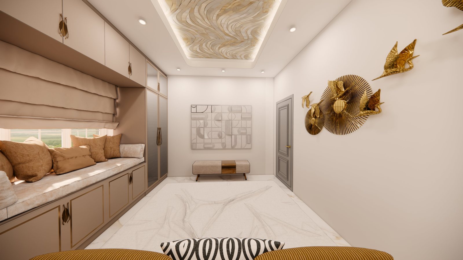 Master bedroom with gold bird wall art and onyx headboard wall