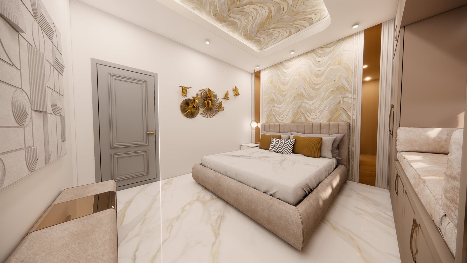 Master bedroom bed with patterned feature wall