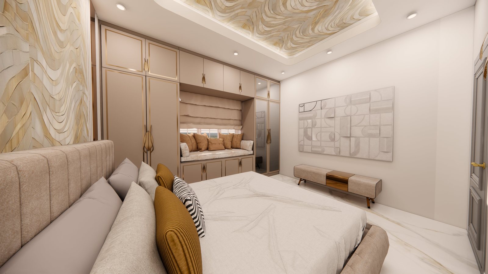 Master bedroom wardrobe with window seat and art panel