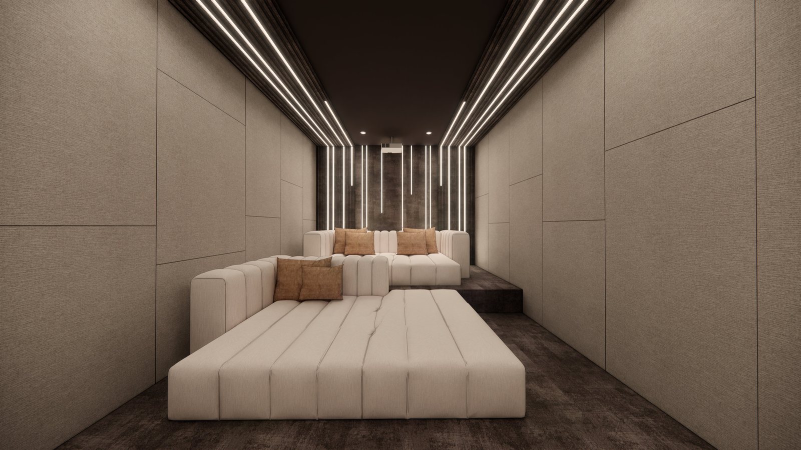 Home theatre with linear ceiling lighting and modular seating