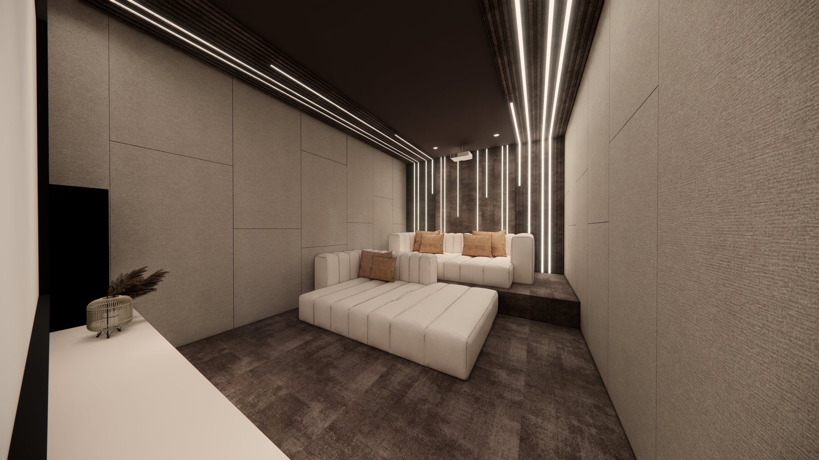 Home theatre seen from the side with linear lighting