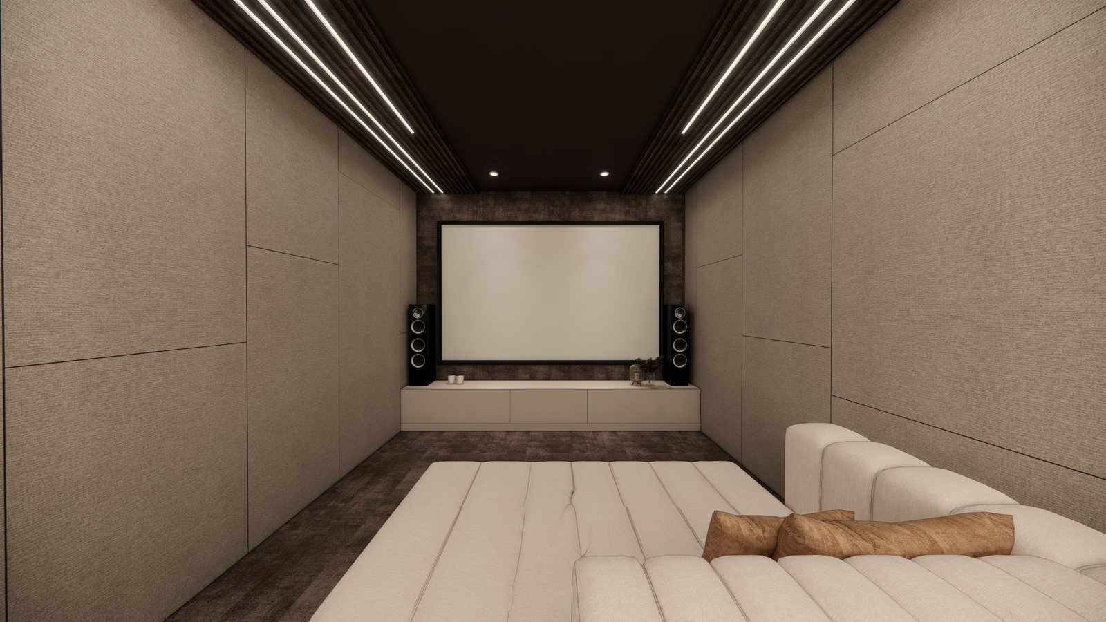 Home theatre with projection screen and tower speakers