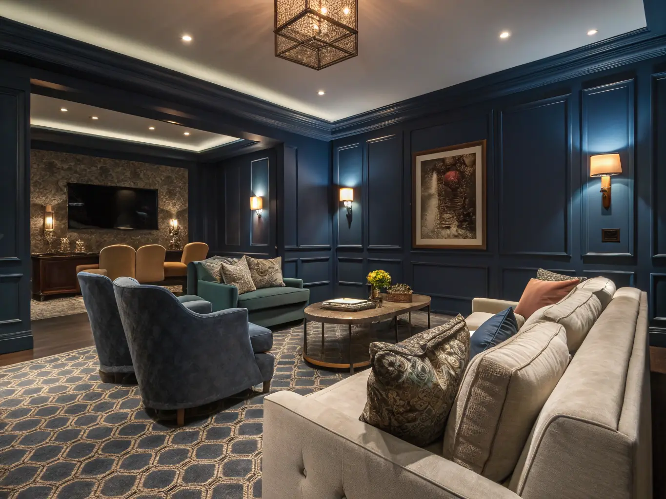 A beautifully designed living room with custom furniture, elegant lighting, and a cozy fireplace, showcasing Glaze Interiors' residential design expertise.